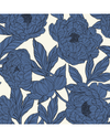 A repeating floral pattern featuring large blue peony-like  wild rose flowers wil rose and leaves on an off-white background. equestrian fashion outfitters