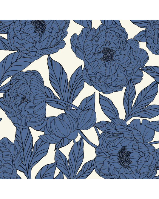 A repeating floral pattern featuring large blue peony-like  wild rose flowers wil rose and leaves on an off-white background. equestrian fashion outfitters