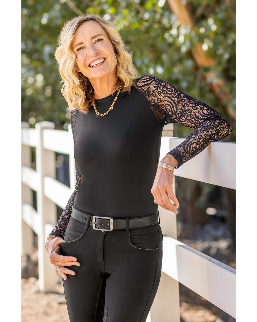 Kastel Black Lace Floral Crewneck Raglan Long Sleeve Top Shirts & Tops Kastel - Equestrian Fashion Outfitters