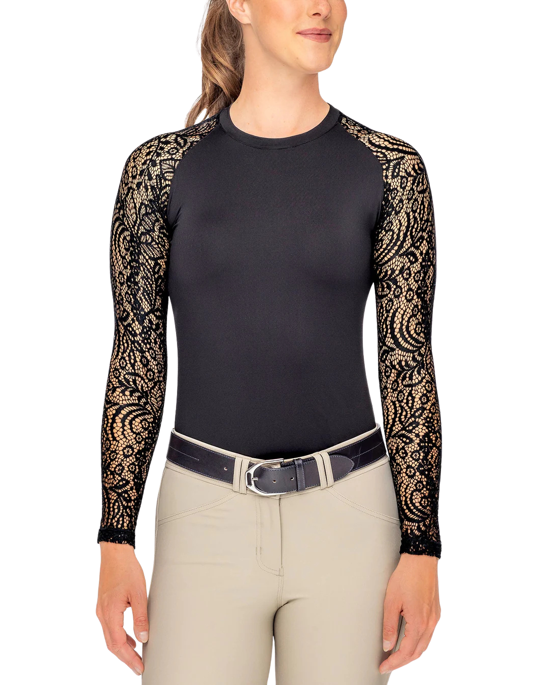 Kastel Black Lace Floral Crewneck Raglan Long Sleeve Top Shirts & Tops Kastel - Equestrian Fashion Outfitters