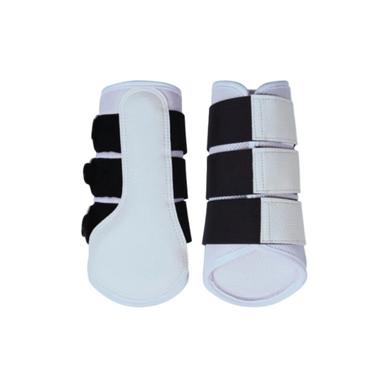 A pair of white and black protective horse boots with mesh and black velcro fastener equestrian fashion outfitters