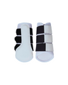 A pair of white and black protective horse boots with mesh and black velcro fastener equestrian fashion outfitters