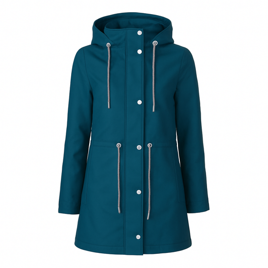 ladies blue petrol spring fall coat with buttons and strings long on a white background equestrian fashion outfitters