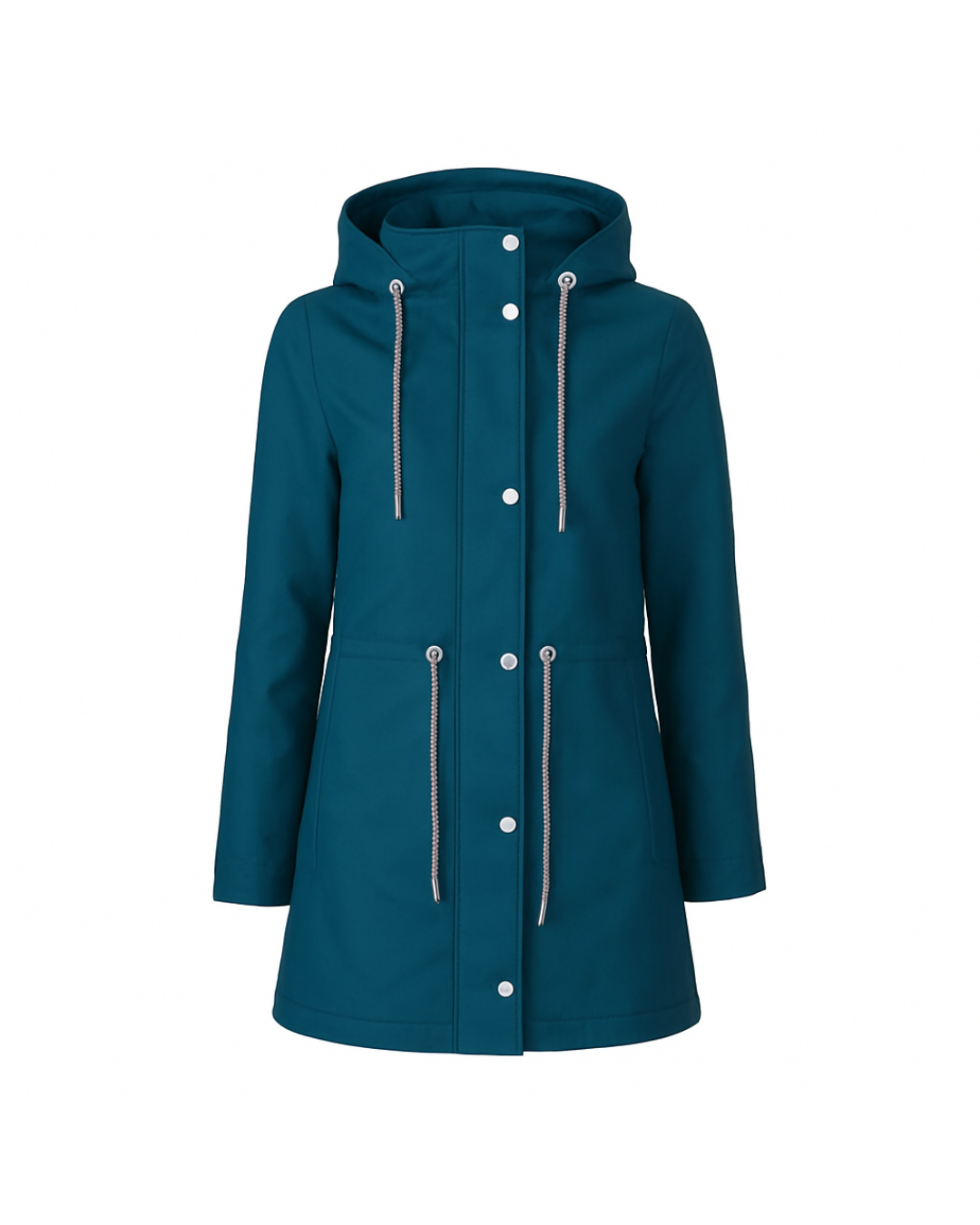 ladies blue petrol spring fall coat with buttons and strings long on a white background equestrian fashion outfitters