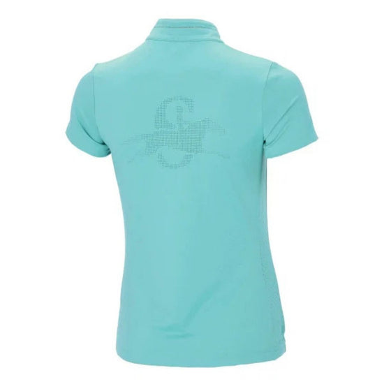 Light blue shirt with a logo on the back against a white background Schockemohle equestrian fashion outfitters