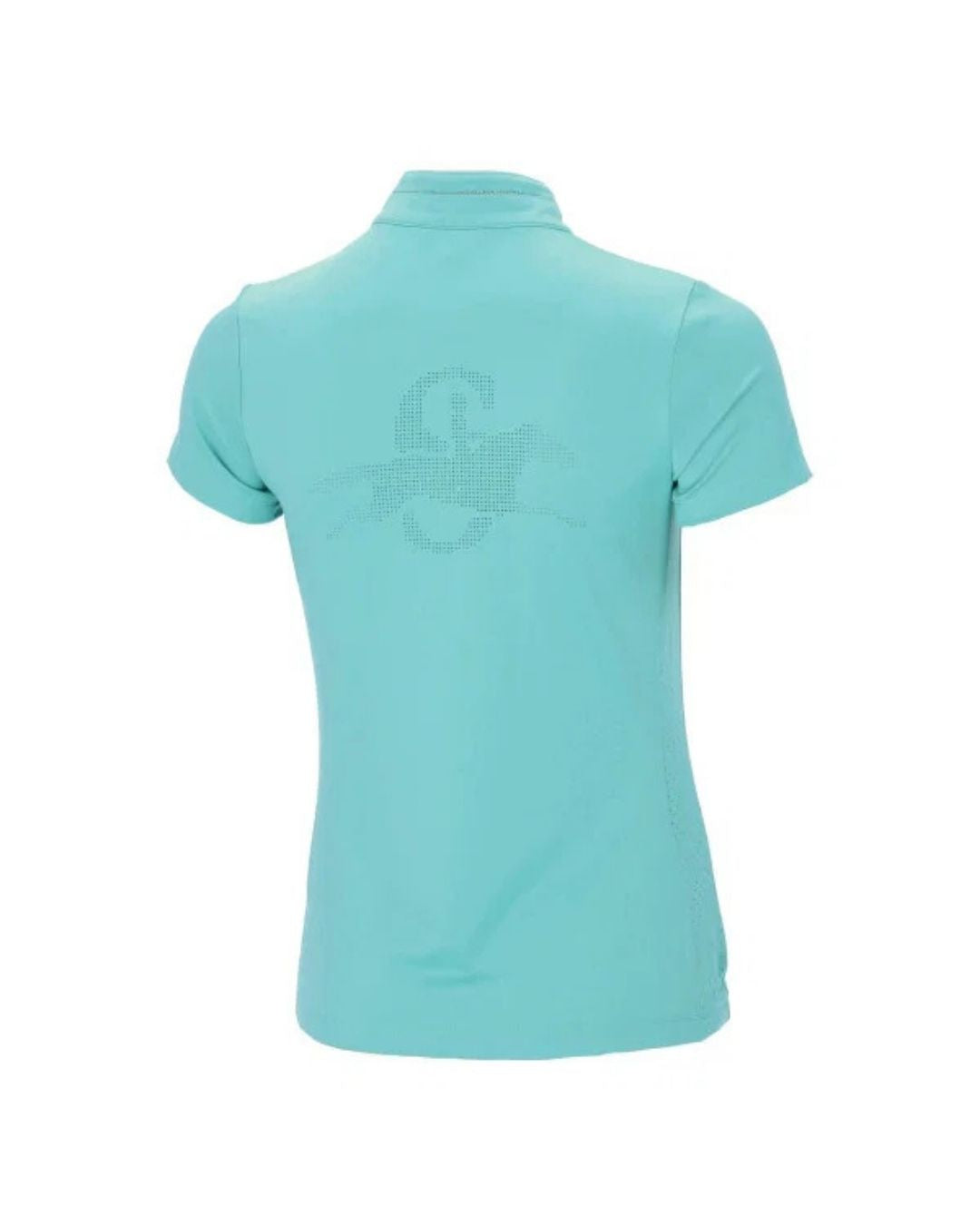 Light blue shirt with a logo on the back against a white background Schockemohle equestrian fashion outfitters