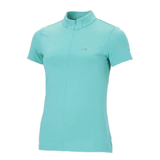 Light blue short-sleeve shirt on a white background poppy schockemohle equestrian fashion outfitters