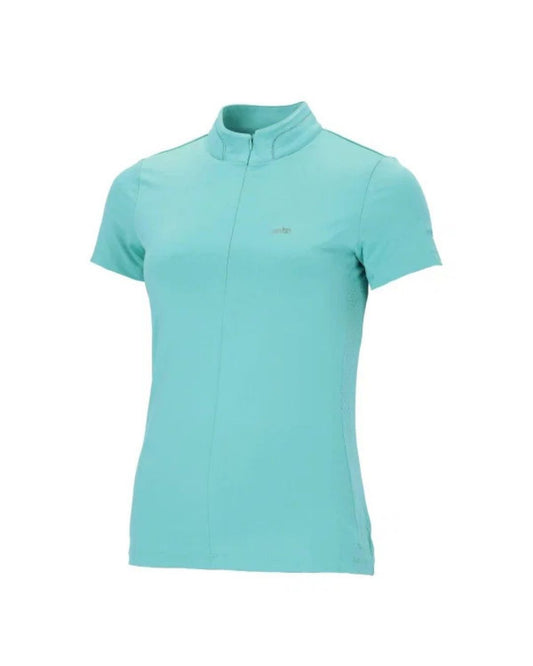 Light blue short-sleeve shirt on a white background poppy schockemohle equestrian fashion outfitters