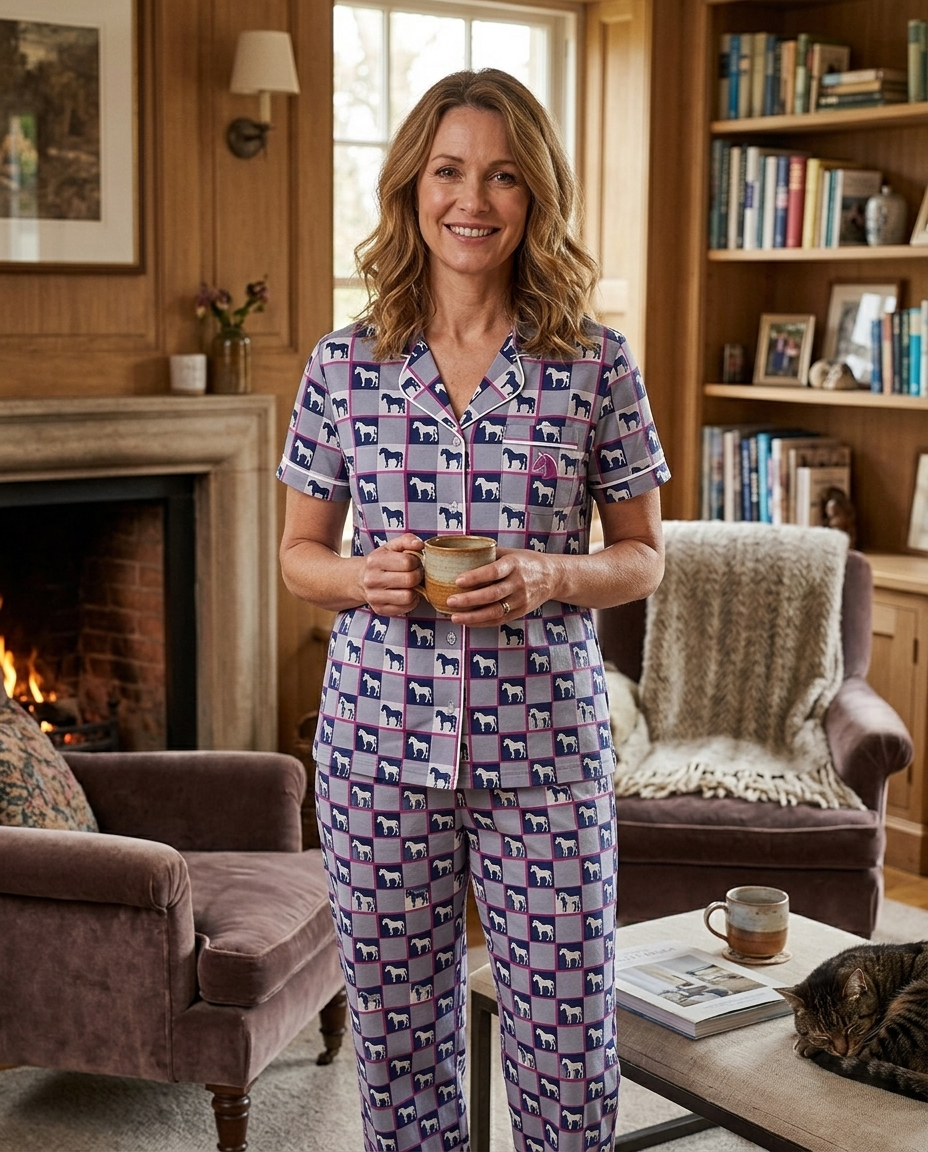 Pyjama pajamas set with a pattern of small animals horses on a white background equestrian fashion outfitters