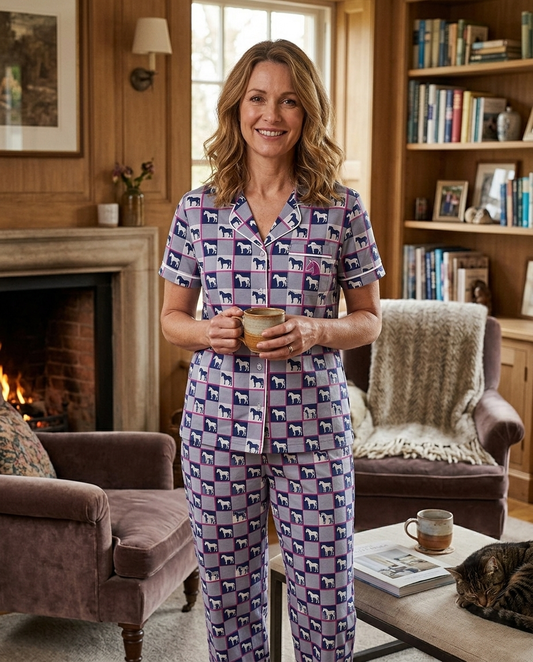Pyjama pajamas set with a pattern of small animals horses on a white background equestrian fashion outfitters