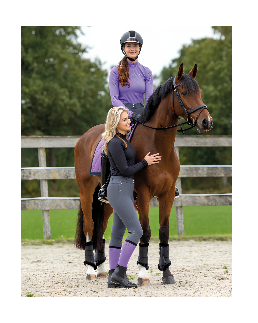 girl on brown horse with purple saddle pad and purple knee socks equestrian fashion outfitters