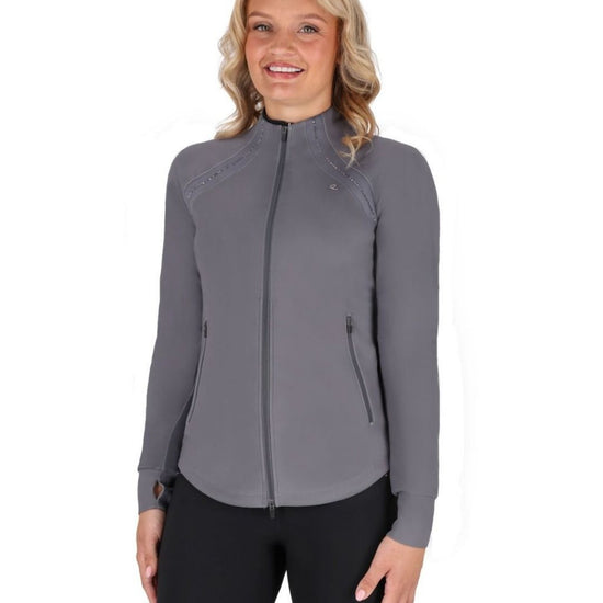 Woman wearing a gray jacket on a white background equestrian fashion outfitters