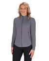 Woman wearing a gray jacket on a white background equestrian fashion outfitters