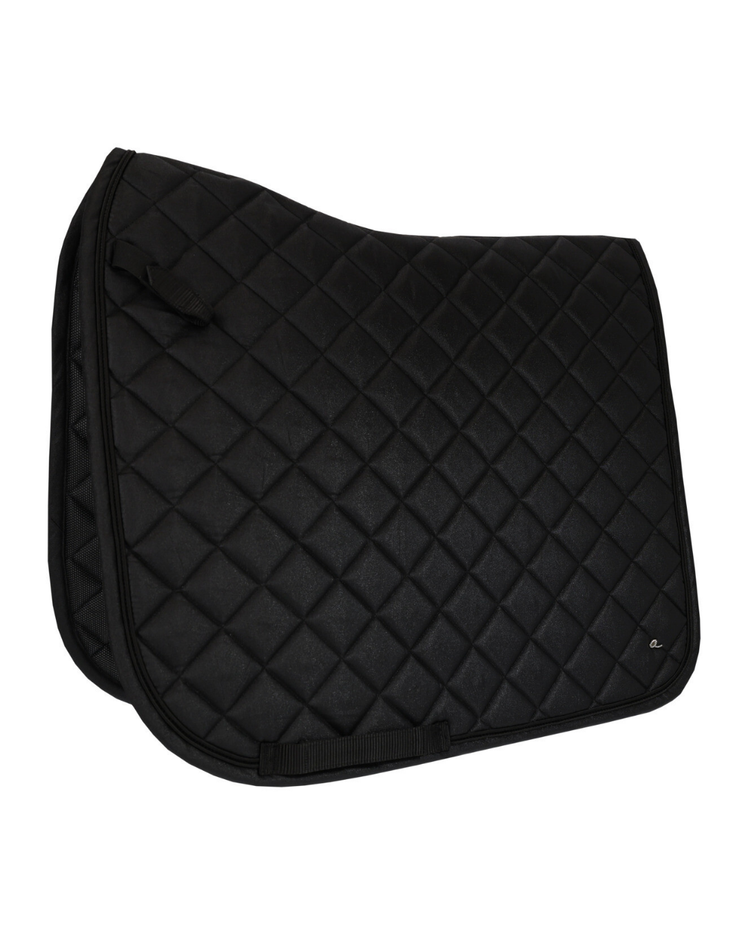 A black quilted equestrian saddle pad with a diamond pattern, shown on a plain white background. equestrian fashion outfitters
