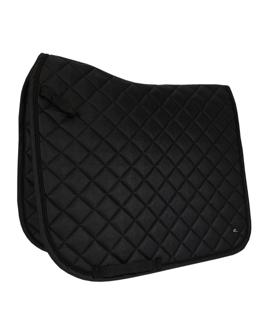 A black quilted equestrian saddle pad with a diamond pattern, shown on a plain white background. equestrian fashion outfitters