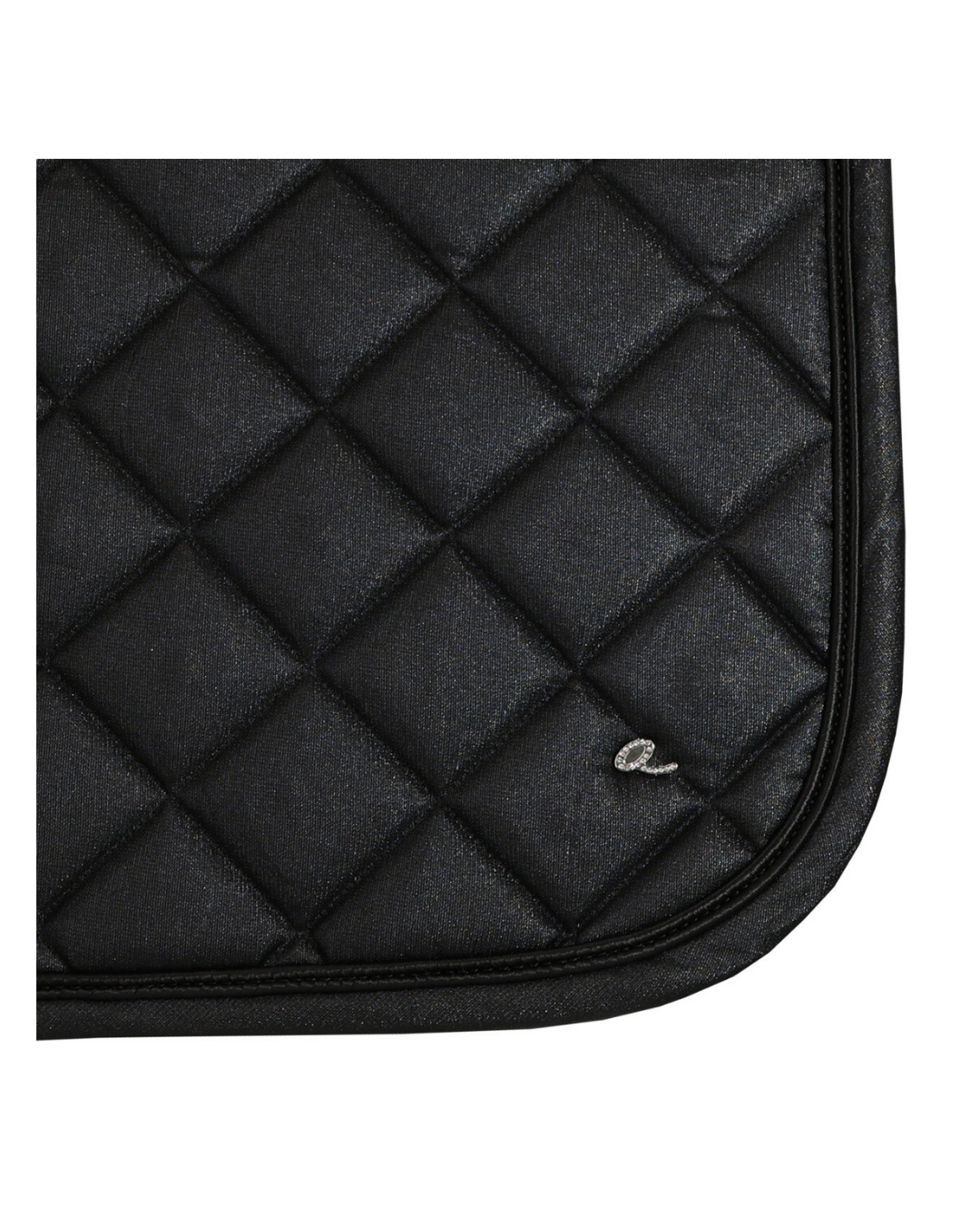 Close-up of a black quilted saddle pad with diamond stitching and a small silver embroidered logo, shown on a white background. equestrian fashion outfitters