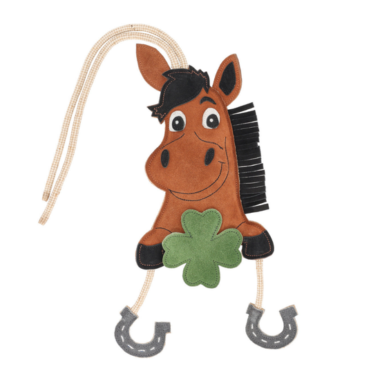 A brown suede horse toy with a black mane, holding a green shamrock, with rope reins and gray horseshoes on a white background. equestrian fashion outfitters