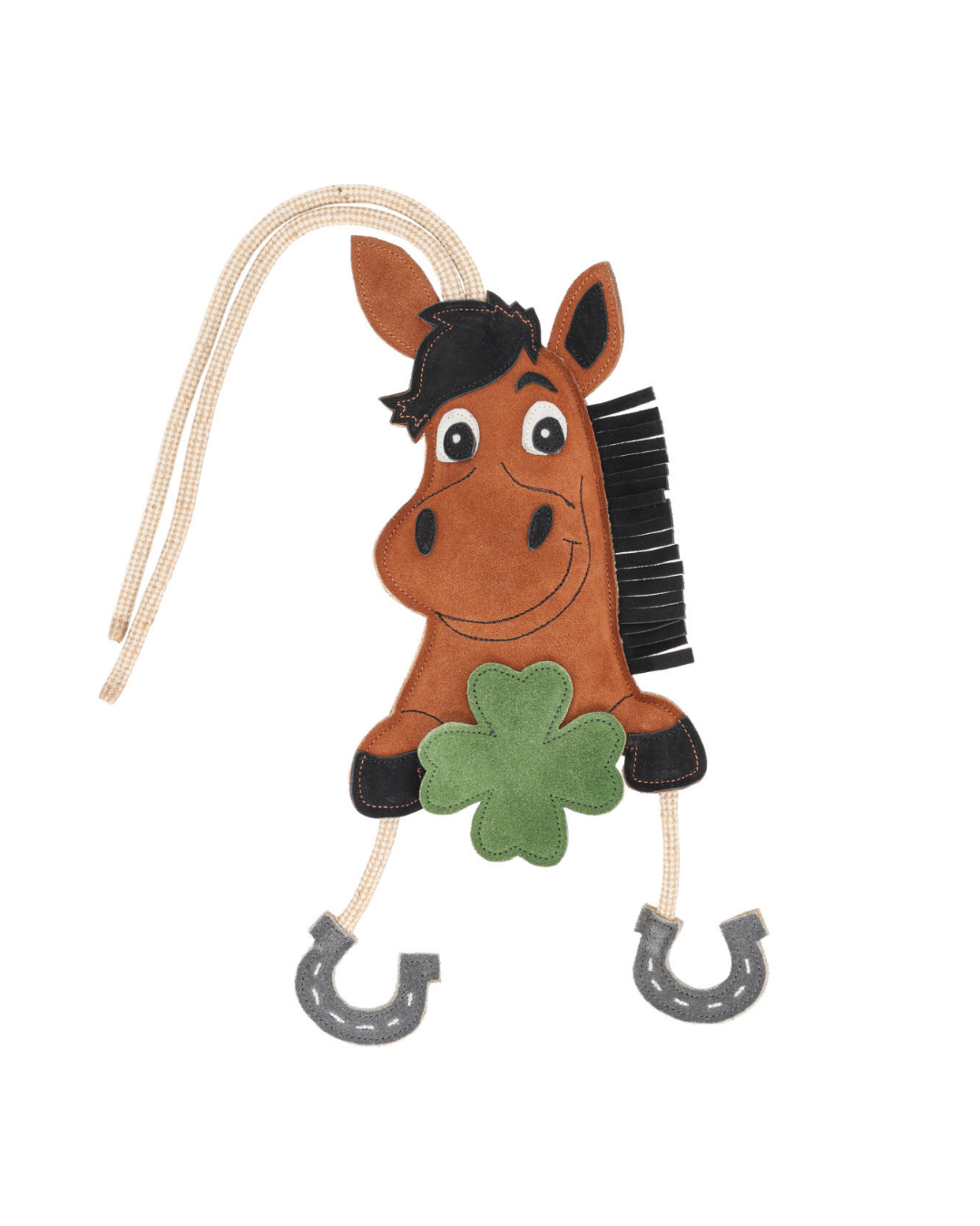 A brown suede horse toy with a black mane, holding a green shamrock, with rope reins and gray horseshoes on a white background. equestrian fashion outfitters