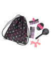 A dog grooming kit laid out on a white background, including a black drawstring bag with a colorful horse silhouette pattern, a black brush with pink and purple bristles, a black grooming brush, a black grooming mitt with a pink strap, and a pink horse shaped accessory. equestrian fashion outfitters