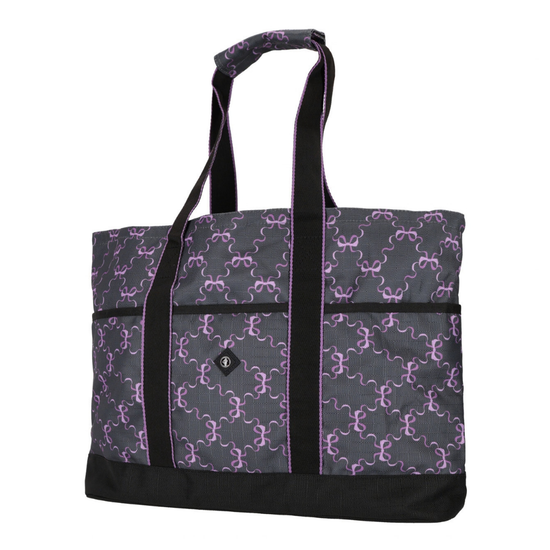 A tote bag with a dark gray and purple repeating bow pattern, featuring black shoulder straps, black trim, and a black bottom base. equestrian fashion outfitters