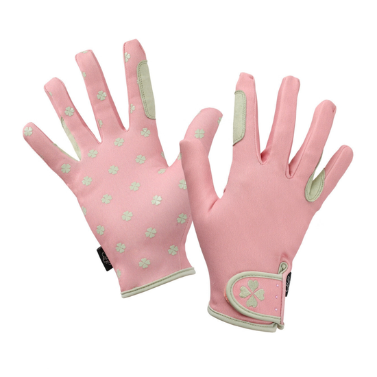 A pair of pink winter gloves with light green paw prints and green grip panels on the palms and fingers, shown against a plain white background. equestrian fashion outfitters