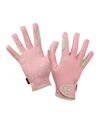 A pair of pink winter gloves with light green paw prints and green grip panels on the palms and fingers, shown against a plain white background. equestrian fashion outfitters