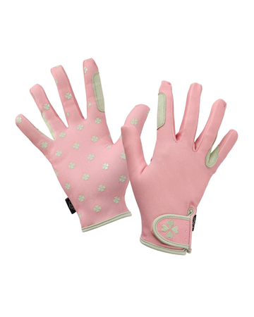 A pair of pink winter gloves with light green paw prints and green grip panels on the palms and fingers, shown against a plain white background. equestrian fashion outfitters
