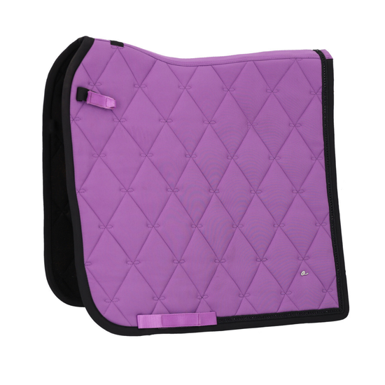 A purple quilted equestrian saddle pad with black trim and a small white logo on the lower right, displayed on a clean white background. equestrian fashion outfitters