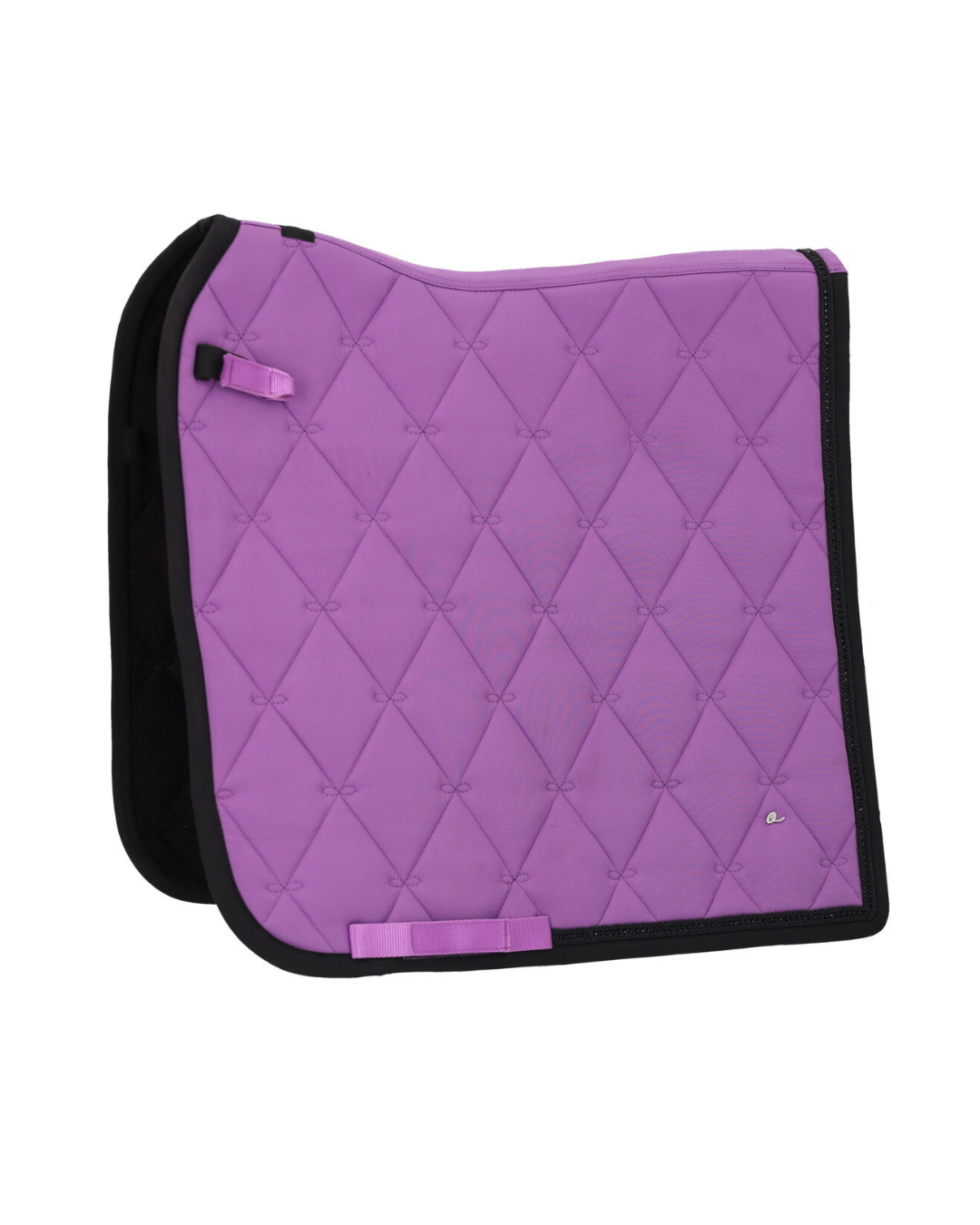 A purple quilted equestrian saddle pad with black trim and a small white logo on the lower right, displayed on a clean white background. equestrian fashion outfitters