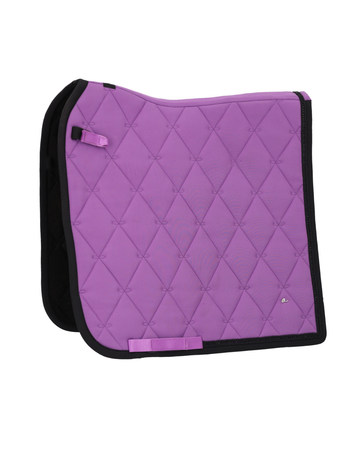 A purple quilted equestrian saddle pad with black trim and a small white logo on the lower right, displayed on a clean white background. equestrian fashion outfitters