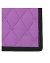 A close-up of a purple quilted fabric saddle pad featuring a diamond-quilted pattern, black braided trim, and a small silver embroidered script logo.equestrian fashion outfitters