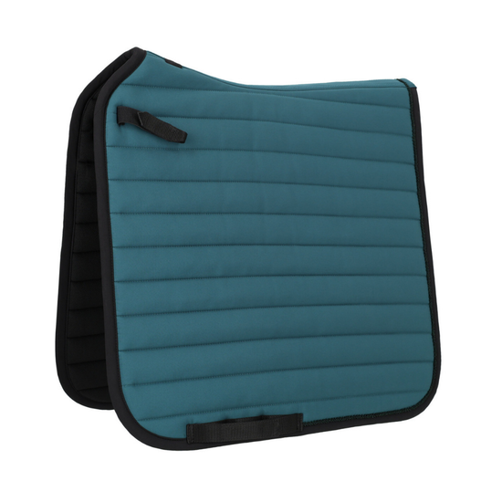 green blue quilted saddle pad with black straps and black trim on a white background.equestrian fashion  outfitters