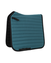 green blue quilted saddle pad with black straps and black trim on a white background.equestrian fashion  outfitters