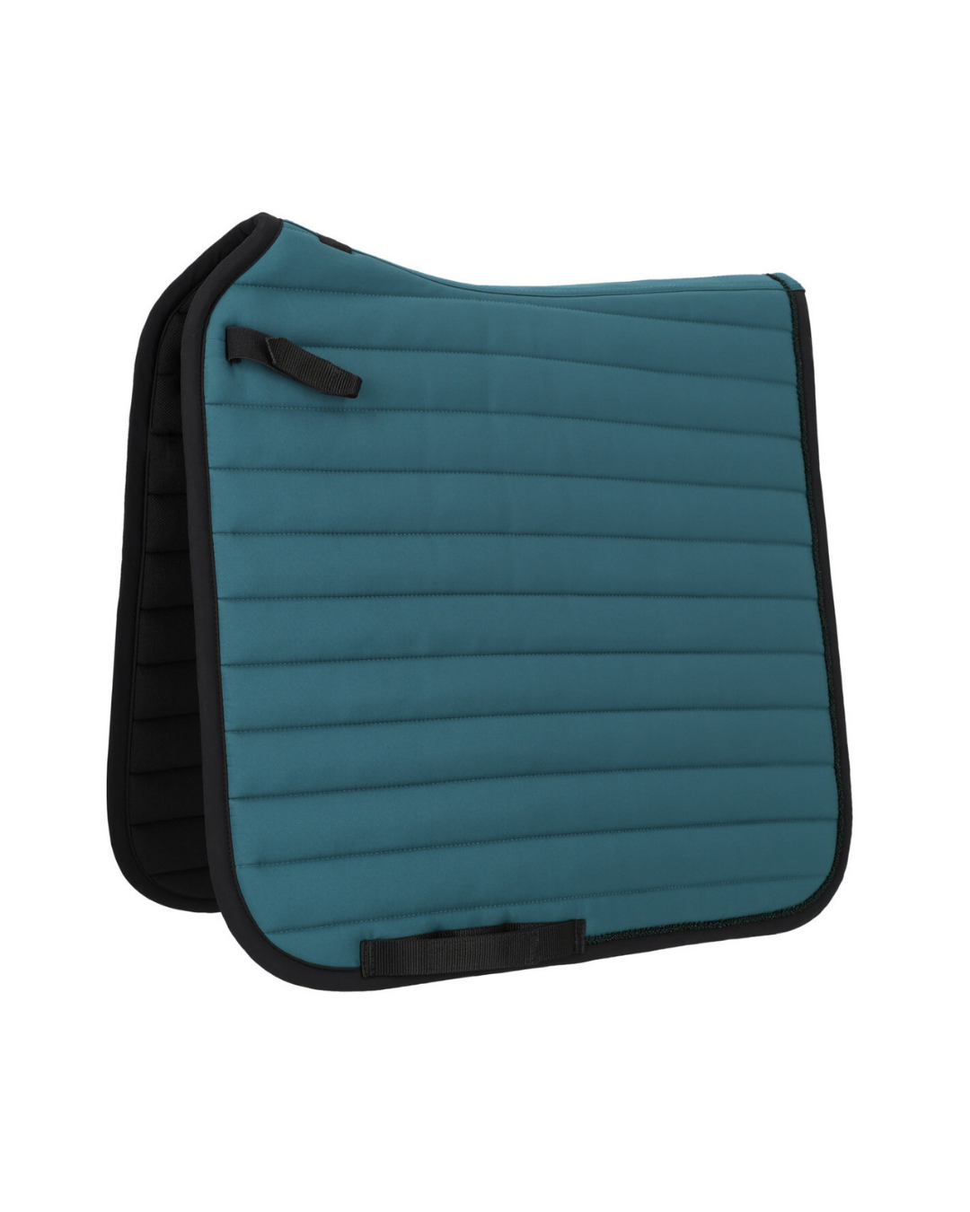 green blue quilted saddle pad with black straps and black trim on a white background.equestrian fashion  outfitters