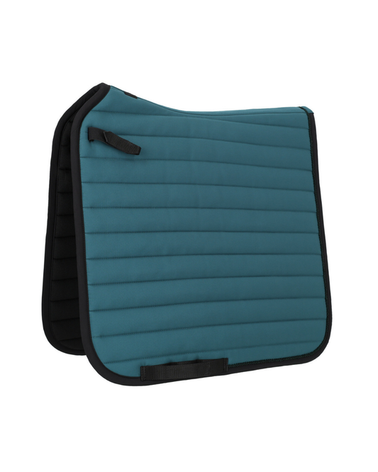 green blue quilted saddle pad with black straps and black trim on a white background.equestrian fashion  outfitters