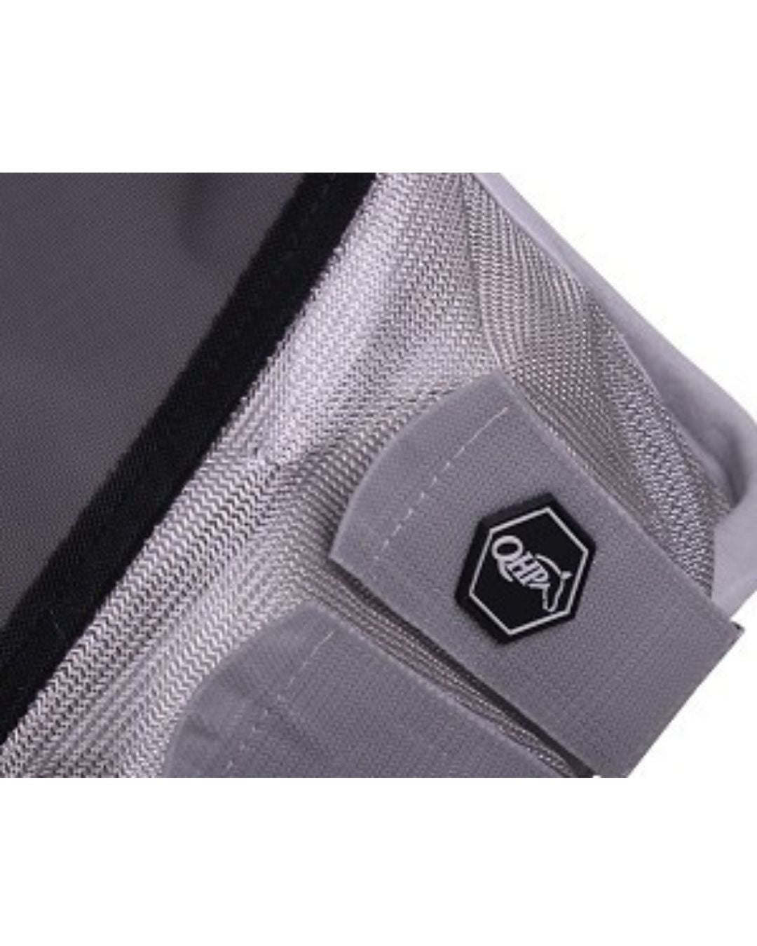 Gray velcro attachment with a brand logo on a white background equestrian fashion outfitters
