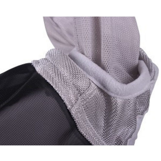 Gray mesh ears for a fly mask bonnet over a black surface equestrian fashion outfitters