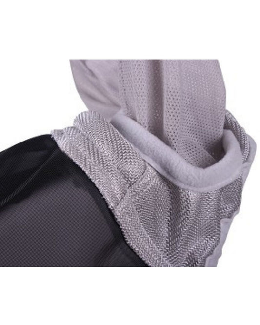 Gray mesh ears for a fly mask bonnet over a black surface equestrian fashion outfitters