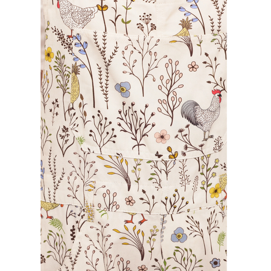An off-whites watch with a detailed botanical and poultry rooster print, featuring chickens, a rooster, and various wildflowers in brown, blue, yellow, and pink. equestrian fashion outfitters