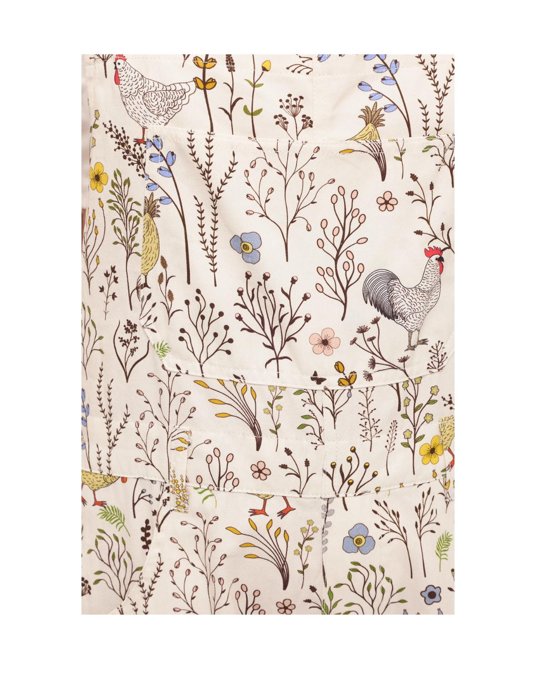 An off-whites watch with a detailed botanical and poultry rooster print, featuring chickens, a rooster, and various wildflowers in brown, blue, yellow, and pink. equestrian fashion outfitters