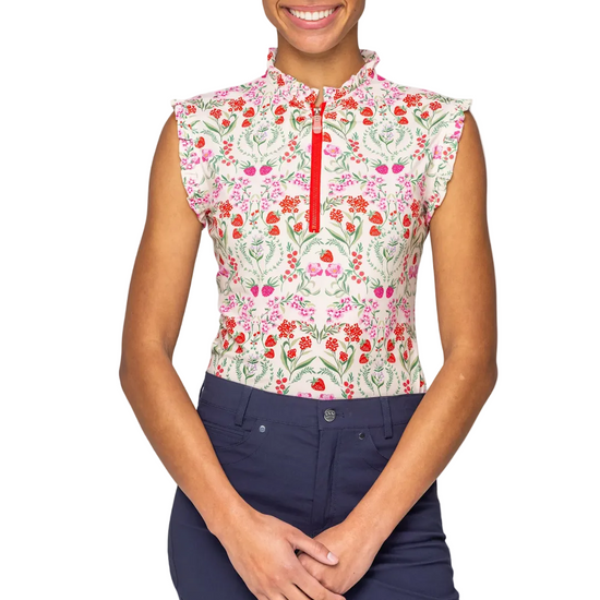 Kastel Red Scandinavian Berries 1/4 Zip Ruffle Tank Top Shirts & Tops Kastel - Equestrian Fashion Outfitters