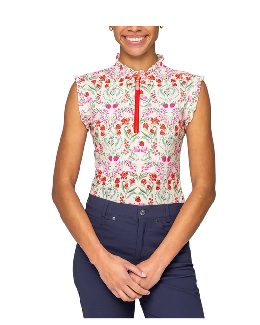 Kastel Red Scandinavian Berries 1/4 Zip Ruffle Tank Top Shirts & Tops Kastel - Equestrian Fashion Outfitters