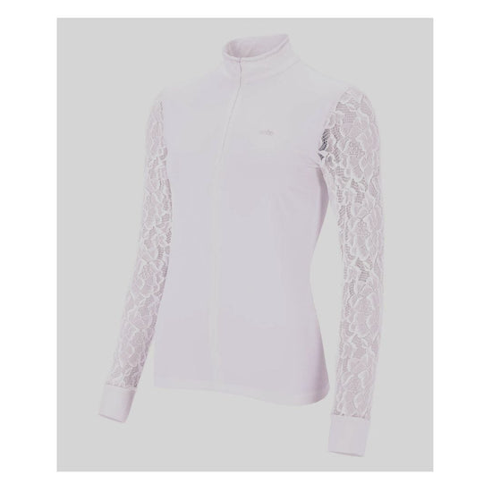 white long-sleeve top with lace sleeves on a light gray background equestrian fashion outfitters