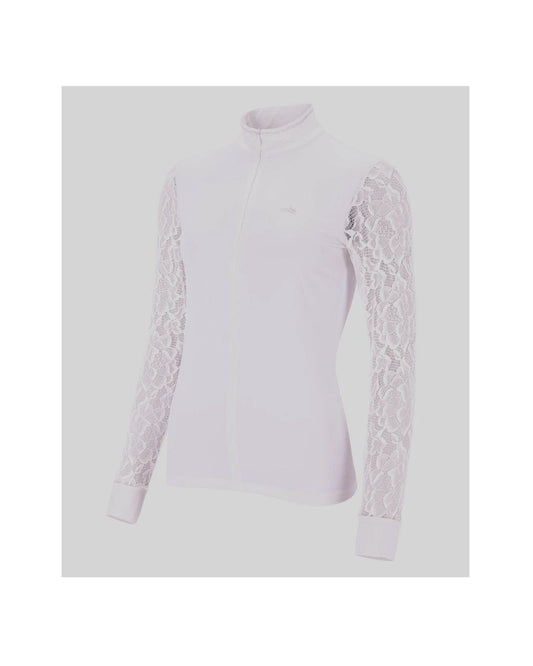 white long-sleeve top with lace sleeves on a light gray background equestrian fashion outfitters