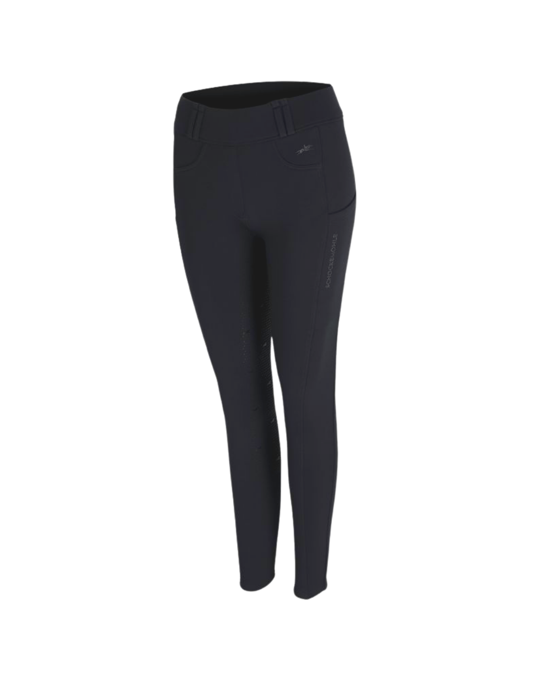 Black riding breeches with side pockets, shown on a plain white background.equestrian fashion outfitters