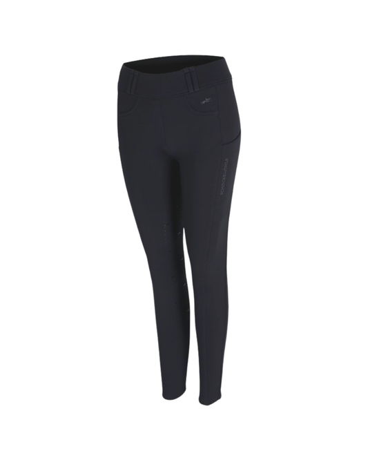 Black riding breeches with side pockets, shown on a plain white background.equestrian fashion outfitters
