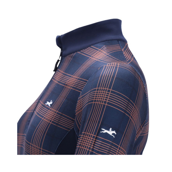 A close-up side view of a navy blue plaid riding shirt with a mock neck collar, featuring thin orange grid lines and small white leaping horse logos on the chest equestrian fashion outfitters