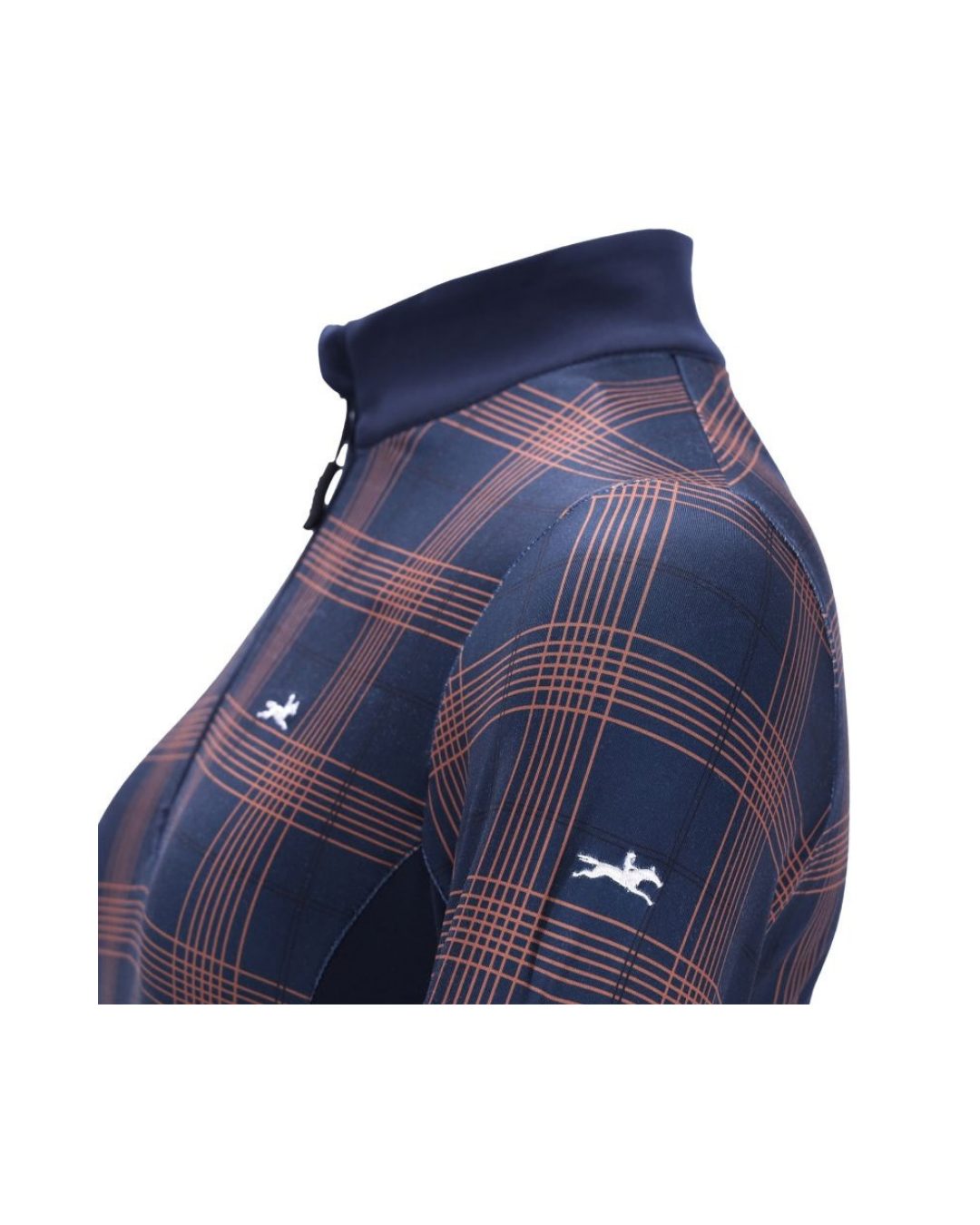 A close-up side view of a navy blue plaid riding shirt with a mock neck collar, featuring thin orange grid lines and small white leaping horse logos on the chest equestrian fashion outfitters