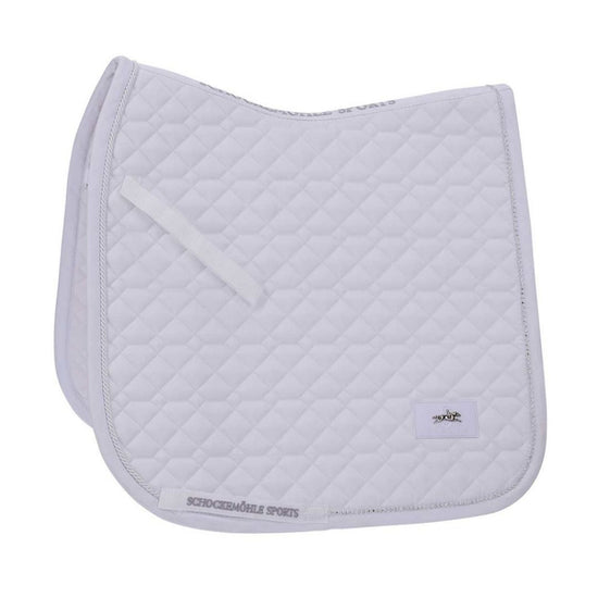 Quilted saddle pad with a brand logo on a white background
