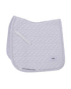Quilted saddle pad with a brand logo on a white background
